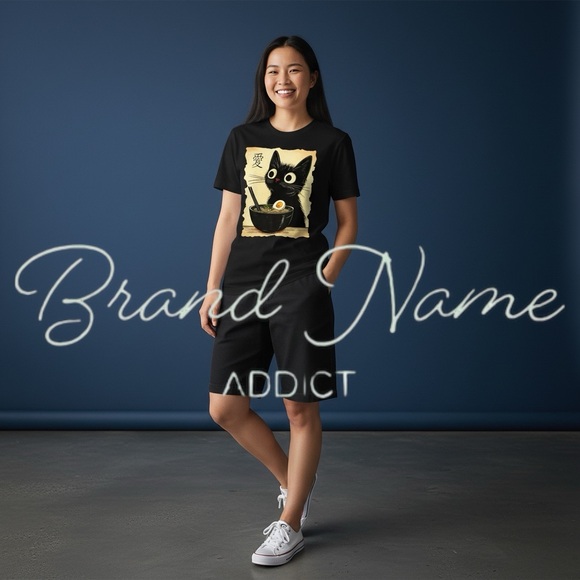 Cat Eating Ramen 100% Cotton Black Short Sleeve Tee - Picture 3 of 3